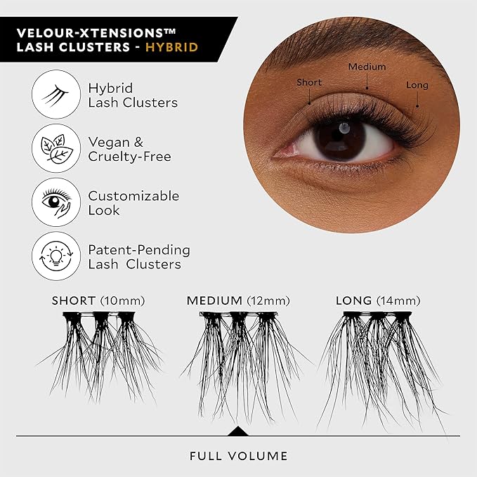 Velour-Xtensions™ Lash Clusters Kit, DIY Lash Extension Set at Home, Salon Quality Lashes in 10 Minute, Includes 12 Eyelash Clusters (10mm-14mm) + Lash Bond + Lash Applicator, Individual Lashes Kit