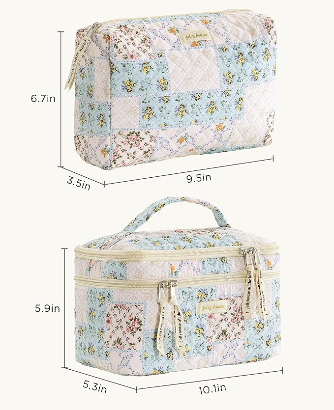 HBselect 2Pcs Travel Makeup Bag, Large Cotton Quilted Makeup Bag Cosmetic Bag Cute Make up Bag Toiletry Bags for Women Girls