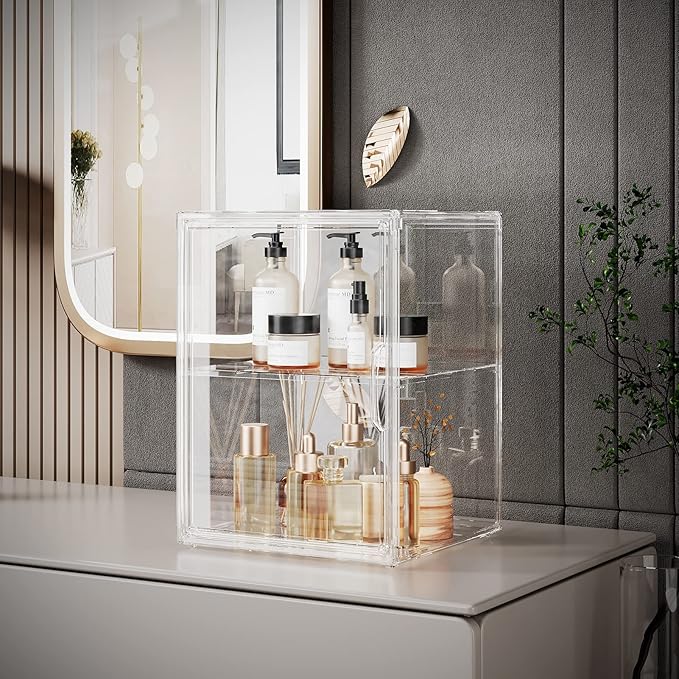 2Pack Makeup Organizer Storage, Large Capactiy Acrylic Bathroom Organizer, Clear Cosmetics Organizer Bins with Division Board for Vanity, Skincare, Countertop Storage and Display Case