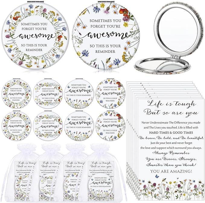 Geetery 12 Sets Mother's Day Inspirational Compact Mirror Gifts for Women Bulk Small Flower Makeup Pocket with Card Bag Double Sided Folding Mirror for Purse Wedding Return Bridal Shower, 4 Styles