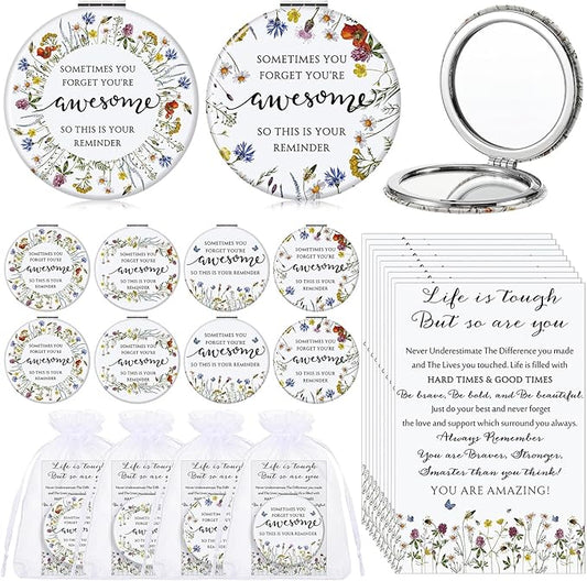 Geetery 24 Sets Mother's Day Inspirational Compact Mirror Gifts for Women Bulk Small Flower Makeup Pocket with Card Bag Double Sided Folding Mirror for Purse Wedding Return Bridal Shower, 4 Styles