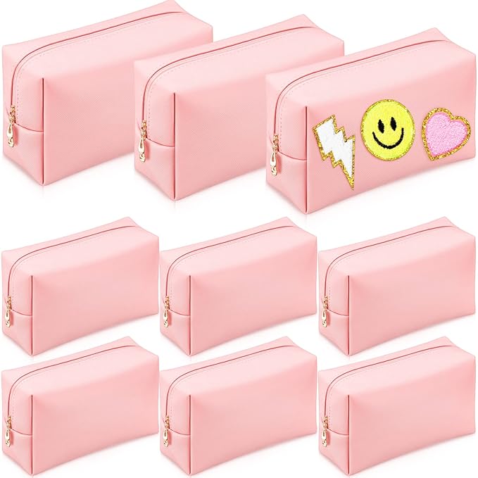 Sanwuta 9 Pcs Preppy Makeup Bag PU Leather Cosmetic Bag Makeup Pouch Plain Waterproof Toiletry Organizers for Traveling Preppy Travel Purse End of the Year Teacher Gifts Bulk(Pink)