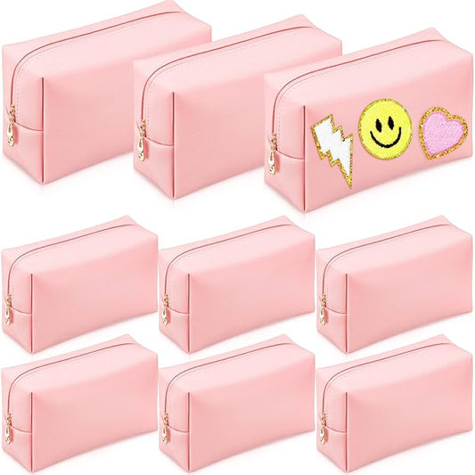 Sanwuta 9 Pcs Preppy Makeup Bag PU Leather Cosmetic Bag Makeup Pouch Plain Waterproof Toiletry Organizers for Traveling Preppy Travel Purse End of the Year Teacher Gifts Bulk(Pink)