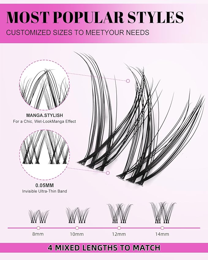Venus Lash Clusters Kit Short 8-14mm D Curl Natural Cluster Lashes Kit Wispy Eyelash Clusters Kit DIY Eyelash Extension Kit with Lash Bond and Seal & Tweezers Remover for Fake Lashes Extensions