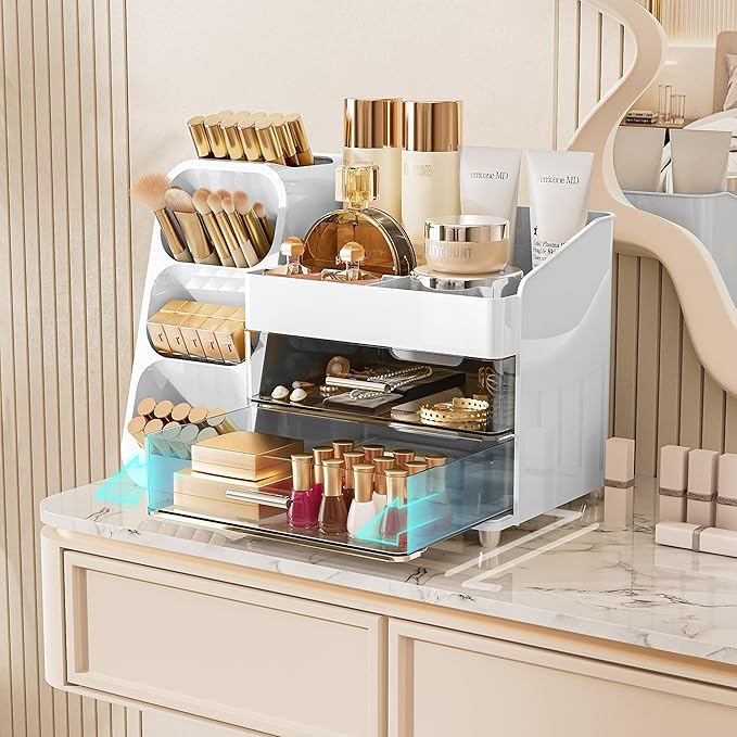 Delamu Makeup Organizer with Drawers for Vanity, Spacious Cosmetic Display Case with Makeup Brush Holder, Perfect Vanity Bathroom Organizer and Storage Solution for Skincare & Beauty Essentials, White