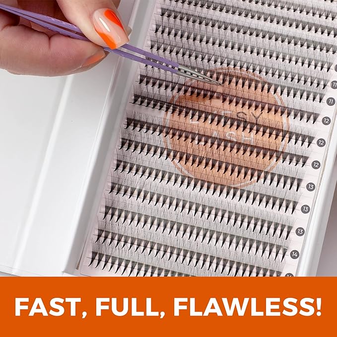 448 Narrow Promade Fans - 10D 0.07mm Thickness D Curl 9-15mm Mixed Lengths - Mega Volume Eyelash Extension Long Stem Narrow Premade Lash Fans Fluffy Pre Made Eyelash Extension Trays