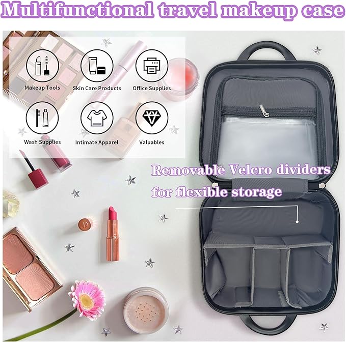 14" Portable Hard Shell Makeup Travel Case - Stylish PC+ABS Cosmetic Organizer for Women - Scratch-Resistant, Elastic Strap, Mini Suitcase - Perfect for Romantic Gifts（Futuristic Purple）