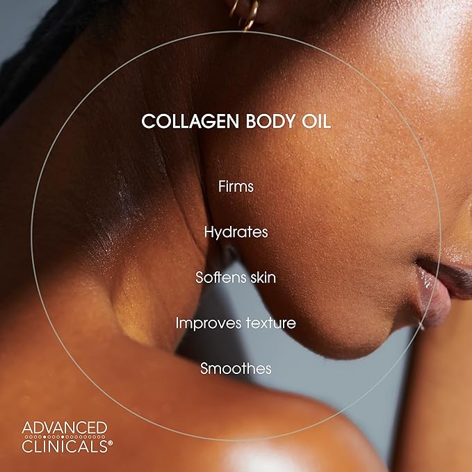 Advanced Clinicals Collagen Body Oil Skin Care Moisturizer W/Vitamin E & Vitamin C - Tightening, Firming, & Hydrating Massage Collagen Oil For Wrinkles, Crepey Skin, & Stretch Marks, 12 Fl Oz