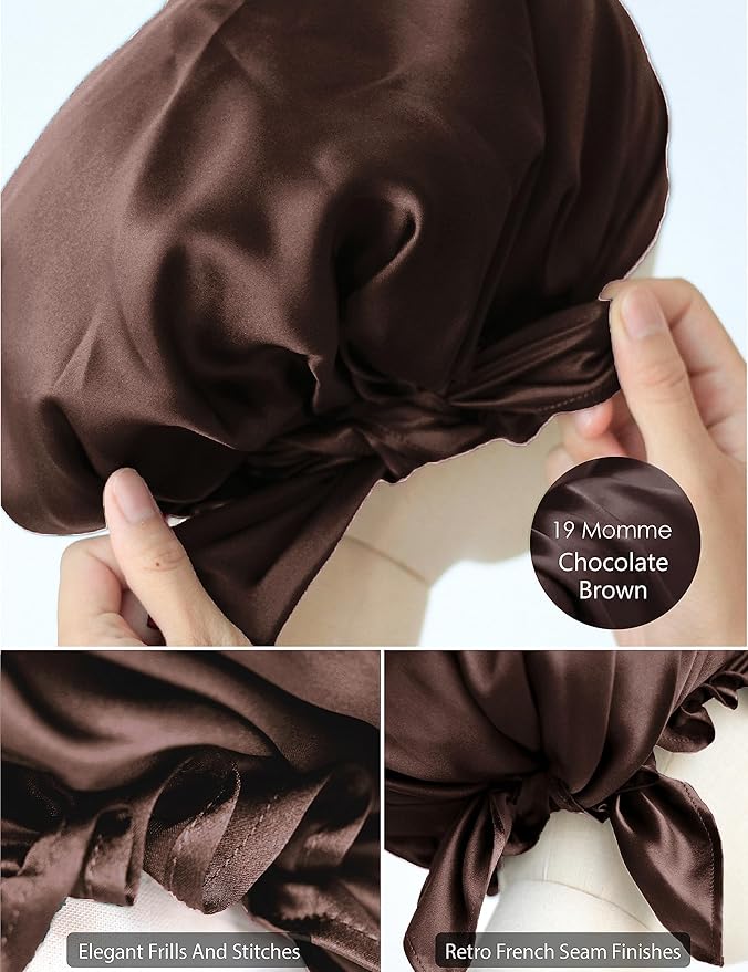 100% Silk Bonnet for Sleeping, Large Silk Sleep Cap with Tie Band for Curly Hair Care - Brown