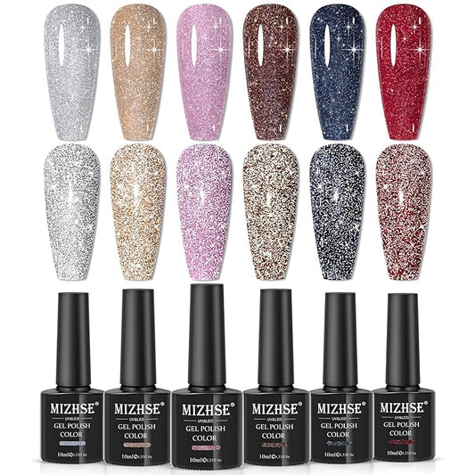 MIZHSE Reflective Glitter Gel Nail Polish, Shimmery Gel Polish Set 10ml Sparkly Shiny Gel Soak Off UV LED Nail Art Varnish Manicure Kit DIY at Home