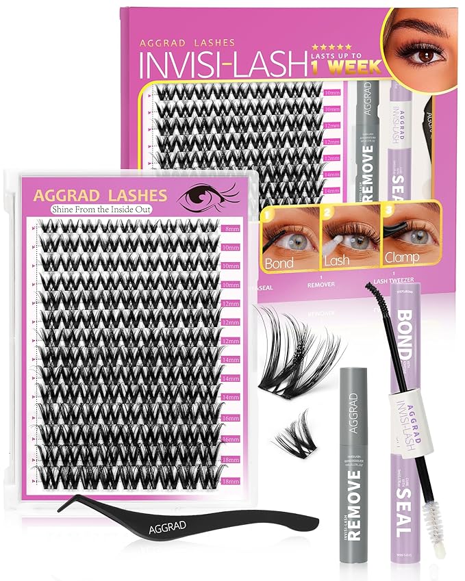 Flora Lash Clusters Kit Wispy Fluffy 8-18mm Hybrid Volume Eyelashes Cluster Extension Kit D Curl Individual DIY False Lash Extension Kit with Lash Bond and Seal, 0.05mm Thin Invisible Black Lash Band