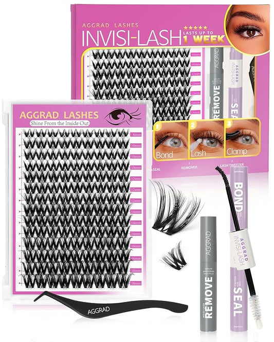 Flora Lash Clusters Kit Wispy Fluffy 8-18mm Hybrid Volume Eyelashes Cluster Extension Kit D Curl Individual DIY False Lash Extension Kit with Lash Bond and Seal, 0.05mm Thin Invisible Black Lash Band