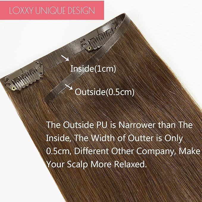 Loxxy Seamless Clip in Human Hair Extensions 100% Brazilian Remy Tape Hair Clip on Extensions Natural Silky Straight Invisible Clip Hair Extensions Full Head Chocolate Brown 7PCS 110gram 22Inch