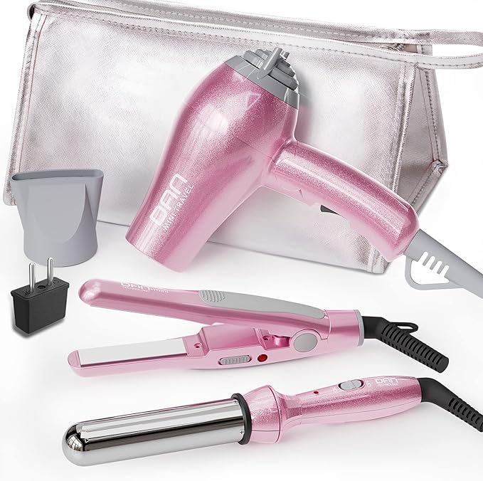 DAN Technology Hair Styling Set, Including Travel Hair Dryer, Mini Flat Iron, and Travel Curling Iron with European Plug, Dual Voltage, Portable Storage Bag, Pink