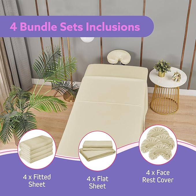 Massage Table Sheets Sets – 4 Set Bundle, 120GSM Double Brushed Microfiber, Premium Massage Sheets Sets, Spa Bed Sheets for Esthetician, Wrinkle & Oil Resistant, Natural