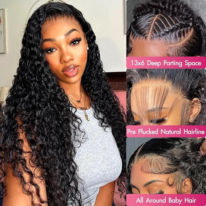 10 Inch 13x6 Water Wave Lace Front Wigs Human Hair Pre Plucked HD Transparent Lace Front Wigs Human Hair Water Wave Lace Frontal Wigs Human Hair Wigs for Women (Natural Black, 10 Inch)