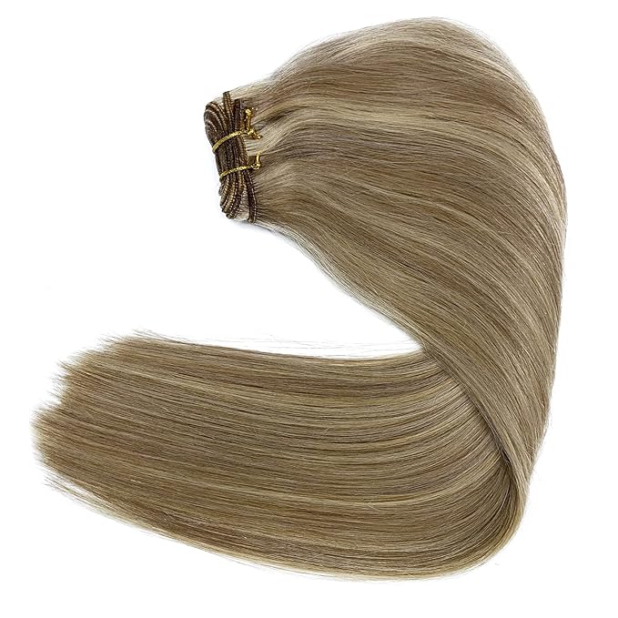 Sew in Hair Extensions Real Human Hair, 18 Inch 100G Weft Hair Extensions Human Hair Ash Blonde Balayage Blonde Highlights Human Hair Hand Tied Weft Hair Extensions Human Hair Weave Bundles for Women