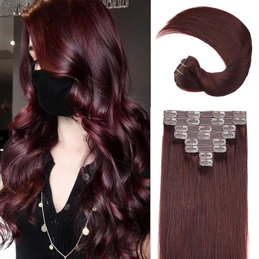 Clip in Real Human Hair Extensions,120g #99j Wine Red Full Head 14inch 8pcs 20clips Straight Human Hair Clip In Extensions for Women Burgundy Red Hair Extensions