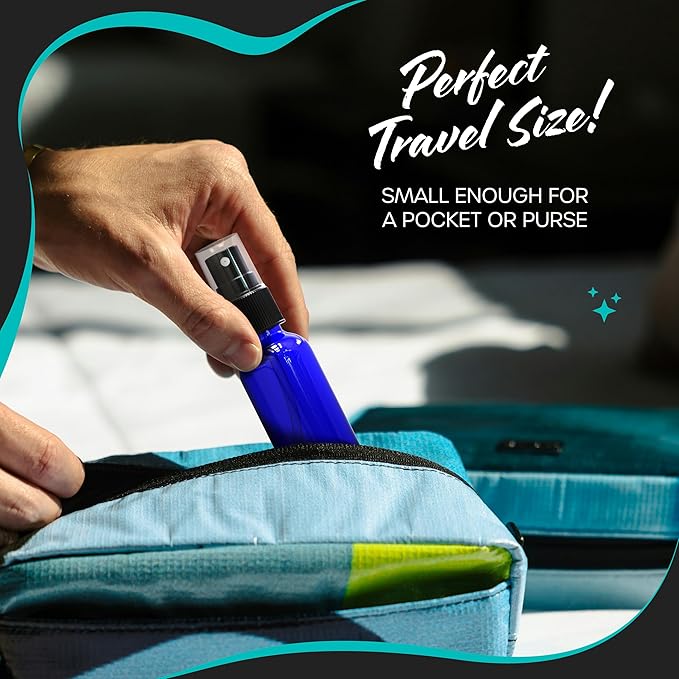 Nevlers Cobalt Blue Glass 1 Oz Small Spray Bottle 48 Pack | Misting Bottle Set w/Shrink Wrap, Funnel, Brush, Marker & Labels | Empty Spray Bottles For Essential Oils, Fragrance, Hand Sanitizer & More