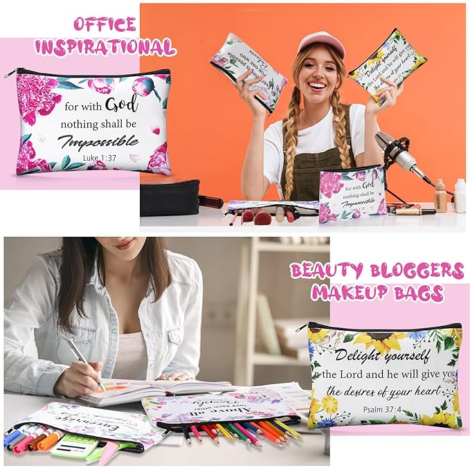 24 Pcs Christian Makeup Bag Bible Cosmetic Bags Inspirational Bible Verse Toiletry Pouches Canvas Motivational Pouches with Zipper for Women Organize Cosmetics Toiletries Stationery(Floral)