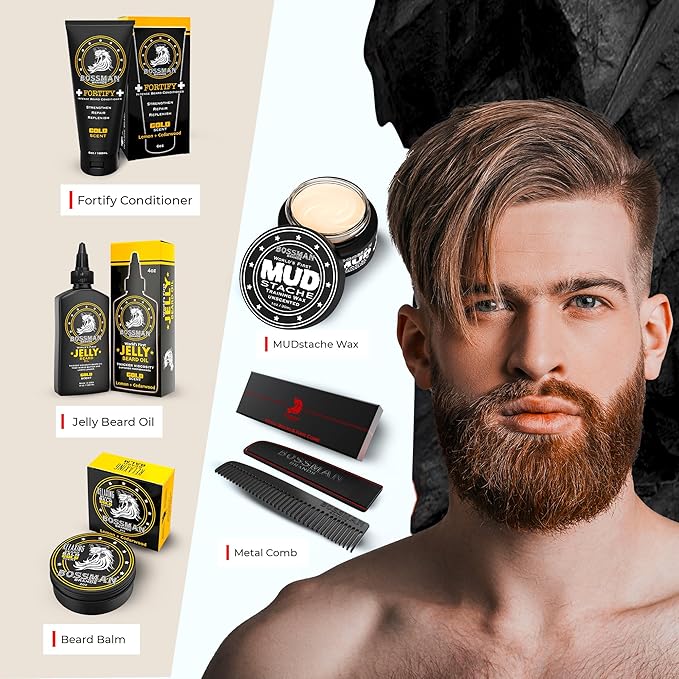 Bossman Complete Beard Kit – Men's Beard Oil Jelly, Fortifying Shower Conditioner, Balm, Mustache Wax & Comb – Beard Softener & Grooming Care (Gold Scent)