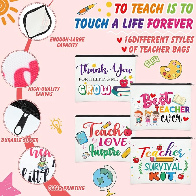 Hillban 32 Pieces Teacher Gifts Teacher Appreciation Gifts Women Cosmetic Makeup Bag Funny Pencil Pouch for Graduation Birthday Christmas(Cute)