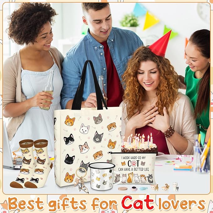 Animal Lover Gifts for Women Mother's Day Animal Themed Gifts for Mom Include Canvas Tote Bag, Makeup Bag, Socks, Keychain, Enamel Mug, Small Figurines(Cute Cat)