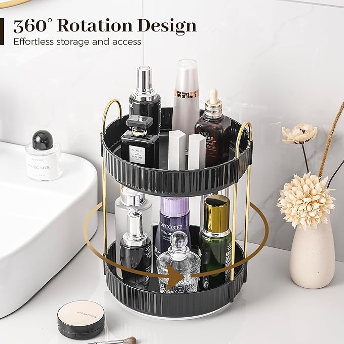 Aveniee 360 Rotating Makeup Organizer for Vanity, Skincare & Perfume, Large Capacity Bathroom Countertop Storage, 2 Tiered Black Cosmetics Lipstick & Skin Care Holder for Dresser