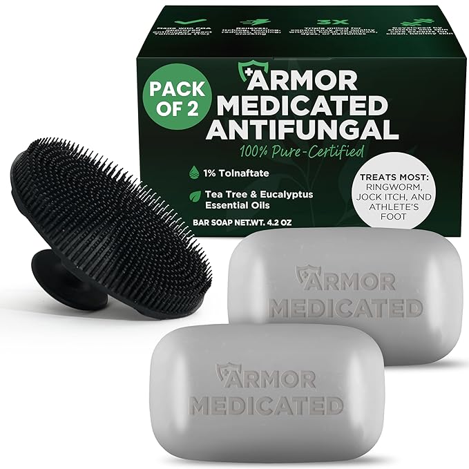 Antifungal Soap Pack of 2 | Medicated Jock Itch Treatment, Fights Ringworm & Athlete's Foot | Antibacterial Soap Includes Scrubber for Deeper Cleansing & Exfoliation | Tea Tree Oil 1% Tolnaftate