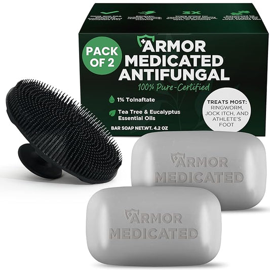 Antifungal Soap Pack of 2 | Medicated Jock Itch Treatment, Fights Ringworm & Athlete's Foot | Antibacterial Soap Includes Scrubber for Deeper Cleansing & Exfoliation | Tea Tree Oil 1% Tolnaftate