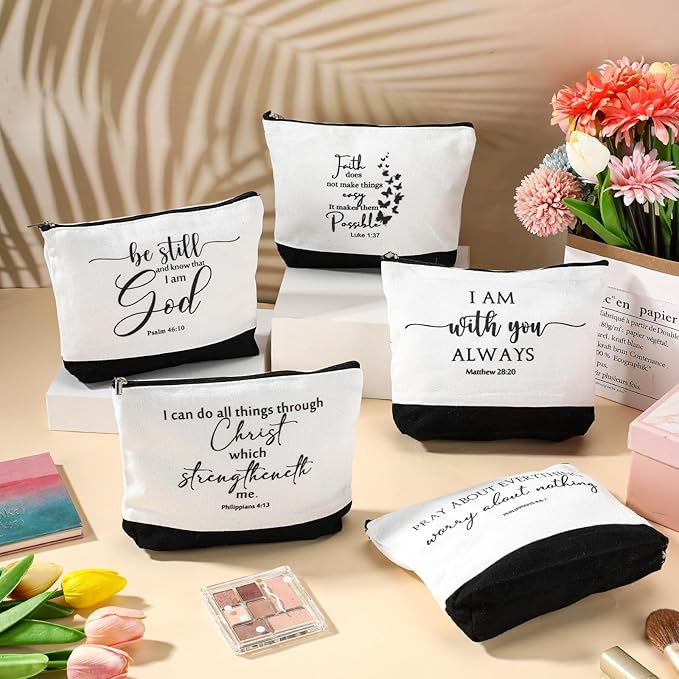 20 Pcs Christian Gifts for Women Religious Makeup Bags Cosmetic Inspirational Bible Verse Pencil Pouch with Zipper Mothers Day Thank You Church Gift Mom Travel Employee(White&black,Classic)