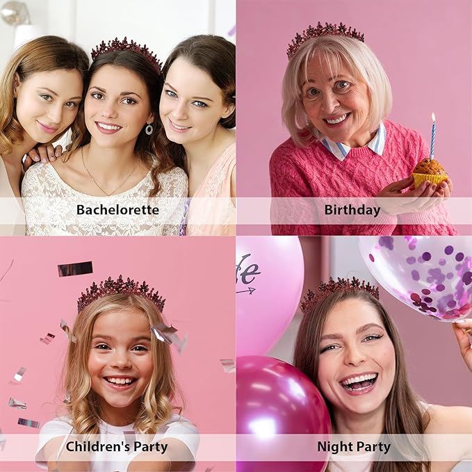 LIMELIA Women's Tiara for Henna Wedding Party|Glitter Hair Accessories for Bridal Birthday Pageant Prom Halloween Costume Christmas Party, Princess Crown|Crystal Stone-Burgundy
