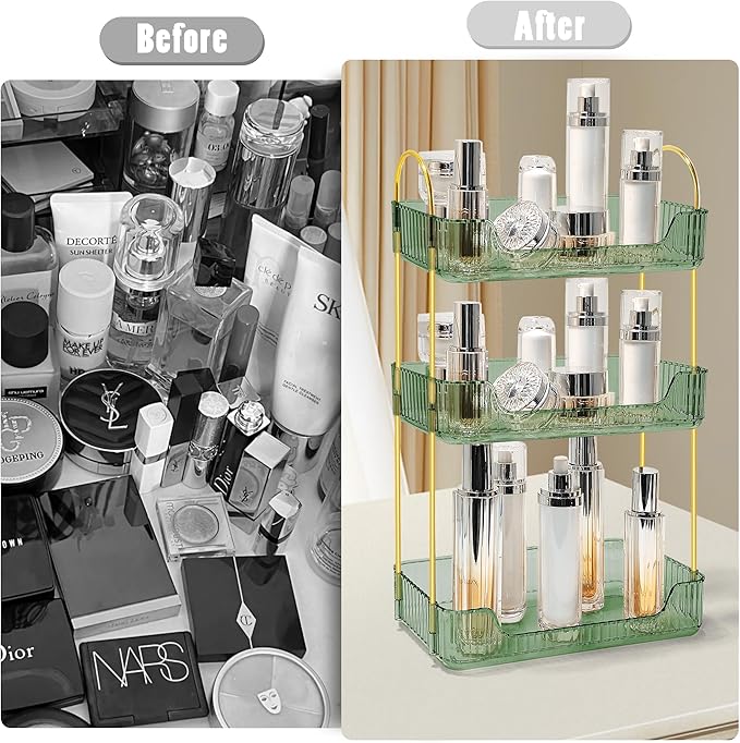 Bathroom Counter Organizer Countertop Storage Skincare Countertop Makeup Organizer Cosmetics Skincare Organizers Holder for Perfume-Green-Golden Pole-3 Tier