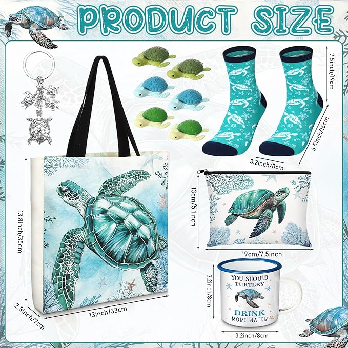 Animal Lover Gifts for Women Mother's Day Animal Themed Gifts for Mom Include Canvas Tote Bag, Makeup Bag, Socks, Keychain, Enamel Mug, Small Figurines(Sea Turtle)