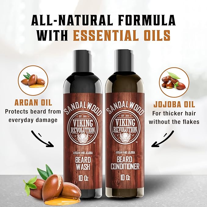 Viking Revolution Beard Wash & Beard Conditioner Set w/Argan & Jojoba Oils - Softens & Strengthens - Natural Sandalwood Scent - Beard Shampoo w/Beard Oil (10oz)