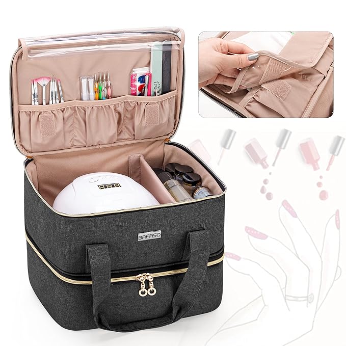 BAFASO Nail Polish Organizer Holds 40 Bottles (15ml - 0.5 fl.oz) and a Nail Lamp, Nail Polish Carrying Case with Manicure Tools Storage Sections (Bag Only), Black