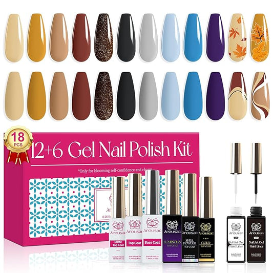 18Pcs Gel Polish-10 Color Fall Yellow Soak Off Nail Polish Brown Blue Gel Nail Polish Set, with 2pcs Nail Art Gel Liner and 6pcs Base & Top Coat Art Manicure DIY Salon Home