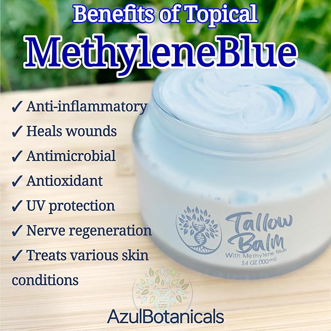 Methylene Blue Infused Whipped Grass Fed Beef Tallow Balm for Healthy Skin, Anti-Aging, Fullbody Moisturizer, Stretchmarks, Rosacea, Psoriasis, Eczema, Acne, All skin types, Organic Ingredients 1.7oz