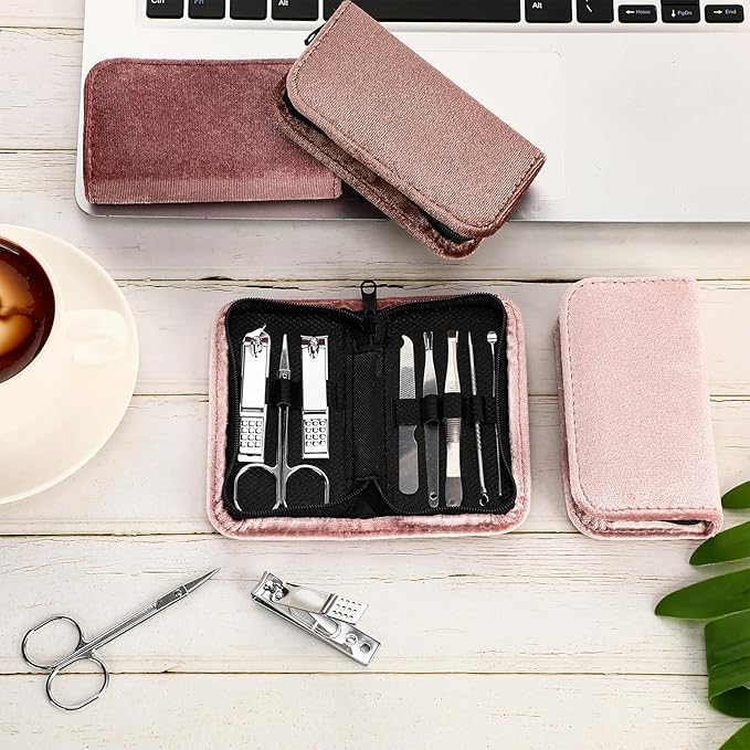 Coume 24 Sets Nail Kit Manicure Set Bulk with Zipper Professional Nail Clippers 8 in 1 Stainless Steel Nail Care Tools with Luxurious Travel Case Gifts for Men Women Friends Colleagues(Brown Series)