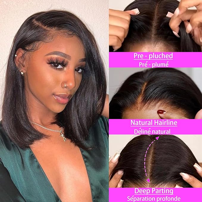 14 Inch Bob Wig Human Hair 13x4 HD Transparent Lace Front Wigs Human Hair Pre Plucked with Baby Hair Glueless Wigs Human Hair 180% Density Straight Frontal Lace Wigs for Women Natural Color