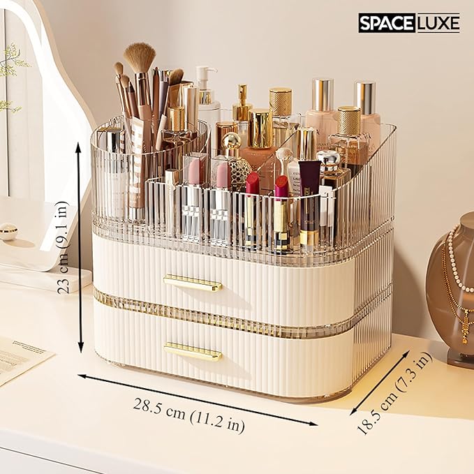 Makeup Organizer with Drawers and 360° Rotating Brush Holder, Large Capacity Cosmetic Storage for Vanity, Skincare, Perfume, Hair Accessories, Lipstick & Jewelry (Cream White, 3-layer)