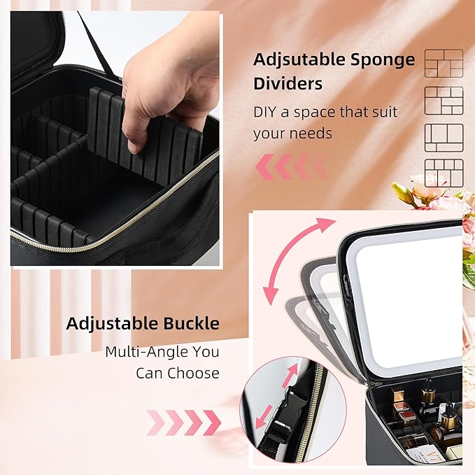 Travel Makeup Bag with LED Mirror – Waterproof Cosmetic Train Case with Adjustable Dividers, Portable Makeup Organizer and Toiletry Bag for Women, Teens & Girls Gift, White