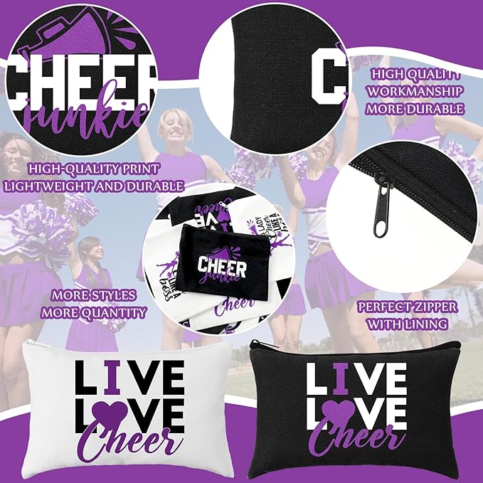 Pinkunn 20 Pcs Cheer Makeup Bags Bulk Cheerleader Gifts for Women Canvas Cheer Cosmetic Pouch Toiletry Zipper Makeup Case Cheerleading Portable Travel Pouch Team Accessories(Purple)
