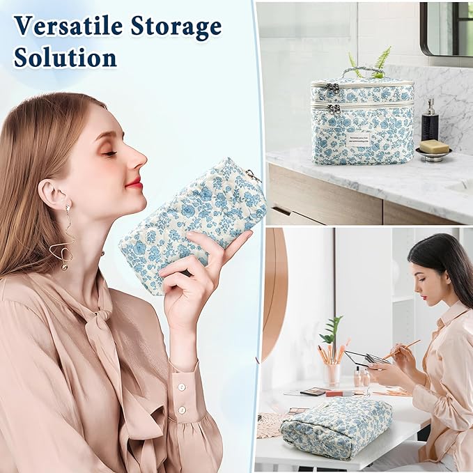 Cute Makeup Bag for Women(3 Pcs), Quilted Floral Coquette Aesthetic Make up Bags, Travel Cosmetic Bags Toiletry Organizer Bag (16 - Light Blue)