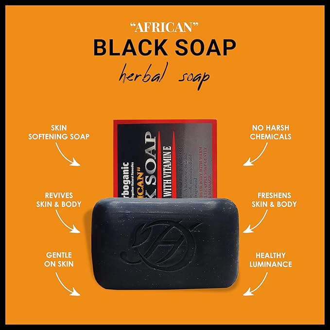 African black soap with cocoa butter and Vitamin E Herbal Soap | Pack of 6 of 5oz soap Bar | Ideal for Men and Women, Soothing and Nourishing Soap for Moisturization