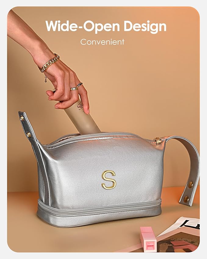 Trendy Gifts for Women, Personalized Makeup Bag with Handle, Initial Double Layer Cosmetic Bag with Makeup Brush Organizer, Cute Cosmetic Pouch for Women, Gifts for Friends Female Mom