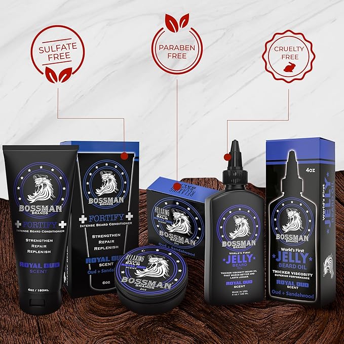 Bossman Essentials Beard Kit for Men – Beard Oil Jelly, Fortifying Conditioner Cream & Beard Balm – Grooming Care Accessories (Royal Oud Scent)
