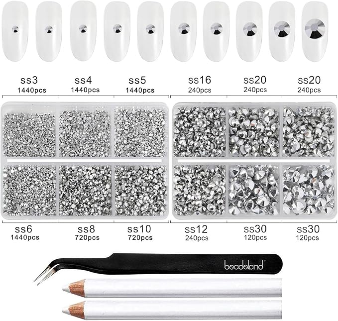 Beadsland 8300PCS Flatback Rhinestones, Silver Rhinestone Nail Gems Round Crystal Rhinestones for Crafts, Mixed 10 Sizes with Wax Pencil and Tweezer Kit, SS3-SS30, Silver Hematite