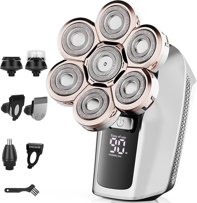 Head Shavers for Bald Men,7D Detachable Electric Bald Head Shaver,5-in-1 Dry Wet Bald Head Shavers for Men,IPX7 Waterproof Electric Razor for Men with Led Display, Argent