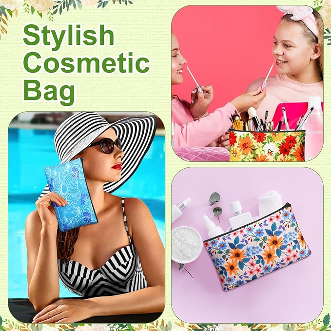 24 Pieces Makeup Bags Bulk Canvas Cosmetic Bags Purse Organizer Zipper Cosmetic Pouch Portable Travel Toiletry Pouch for Women Men Gifts, 7 x 4 Inch (Flower)